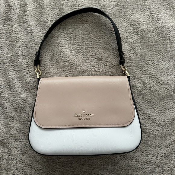 Kate Spade Staci Colorblock Saffiano Leather Flap Shoulder Bag Warm Beige Multi - Picture 2 of 3